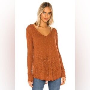 FREE PEOPLE “Ocean Air” Hacci Sweater Pullover V-Neck Top in Copper 100% Cotton